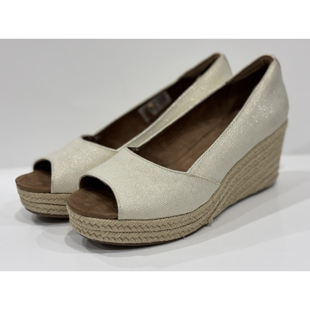TOMS Alpargata White Shimmer Espadrille Wedge Peep Toe Shoes Women's US 7